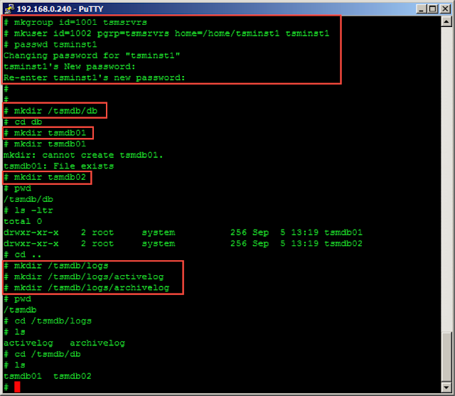 creating DB and LOG directories for TSM