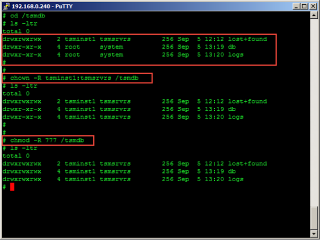 creating DB and LOG directories for TSM